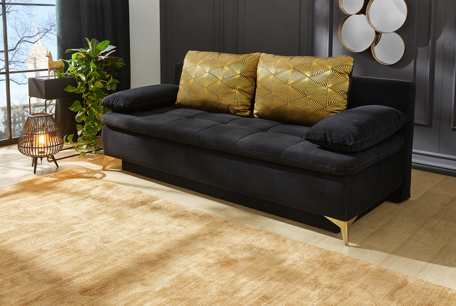 Schlafsofa  schwarz Samt B/H/T: ca. 202x88x95 cm Sarah_Schlafsofa 733/04-372/06 - gold/schwarz (202,00/88,00/95,00cm)