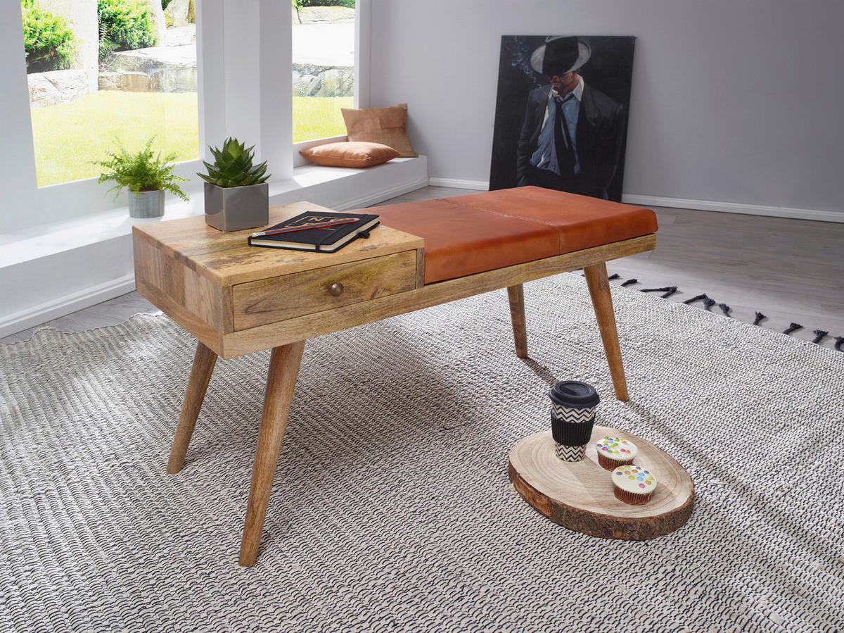 Wohnling Sitzbank natur braun Echtholz Leder B/H/T: ca. 100x52x38 cm Sitzbank - braun/natur (100,00/52,00/38,00cm) - Wohnling