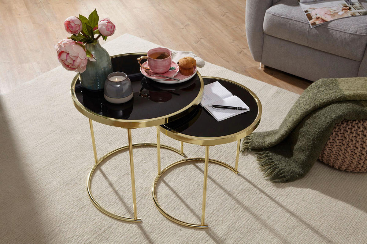Beistelltisch 2er-Set schwarz gold lackiert Glas Metall 2er-Set - gold/schwarz - Wohnling