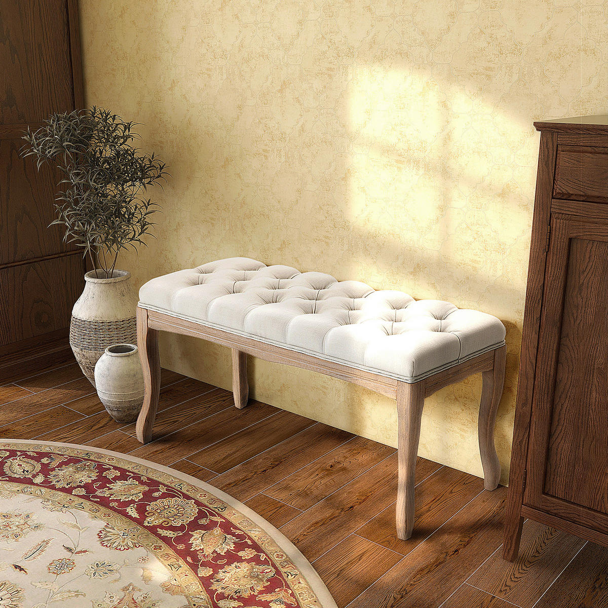 Polsterbank 837-178BG beige B/H/T: ca. 110x48x40 cm 837-178BG - beige/Eiche (110,00/48,00/40,00cm) - HOMCOM