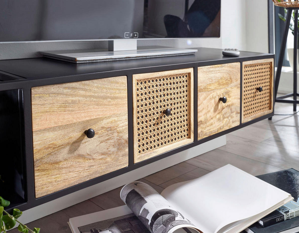 TV-Bank schwarz pulverbeschichtet natur Eisen Echtholz B/H/T: ca. 150x25x35 cm TV Konsole - natur/schwarz (150,00/25,00/35,00cm) - Wohnling