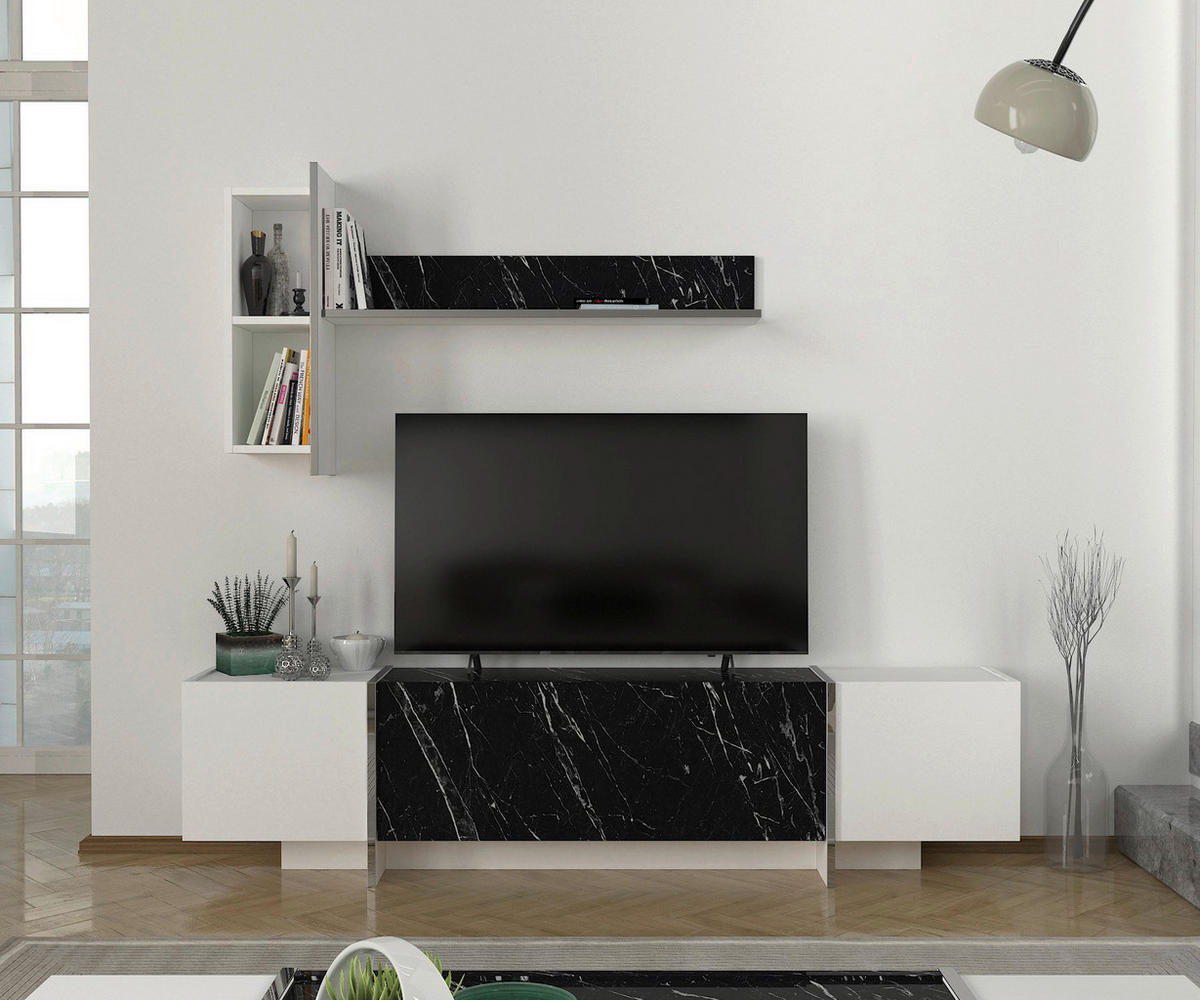 Wohnwand Veyron weiß Marmoroptik schwarz B/H/T: ca. 180x45x32 cm Veyron - weiß/Marmoroptik (180,00/45,00/32,00cm) - moebel17