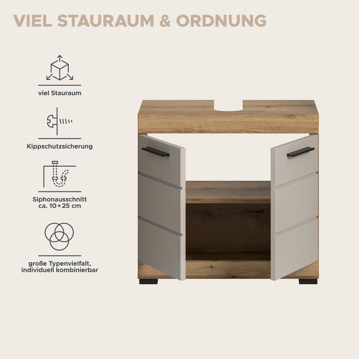 Waschbeckenunterschrank Scout Evoke Oak Nachbildung Kaschmirgrau Nachbildung B/H/T: ca. 60x56x34 cm Scout - Kaschmirgrau (60,00/56,00/34,00cm) - xonox.home