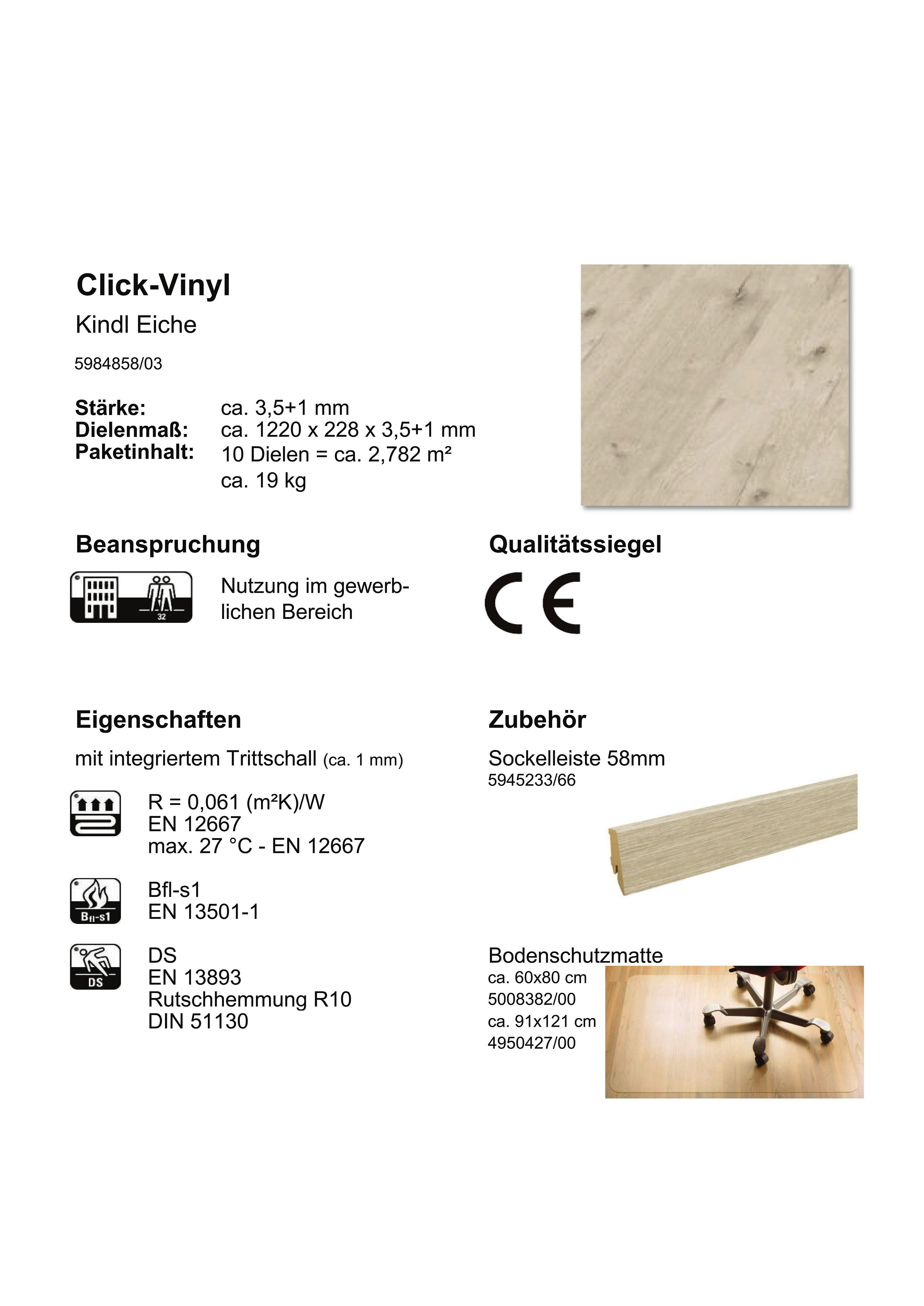 Click-Vinylboden Kindl ca. 2,782 m² im Paket  B/L: ca. 22,8x122 cm pro Paket Kindl ca. 2,782 m² im Paket - (22,80/122,00cm)