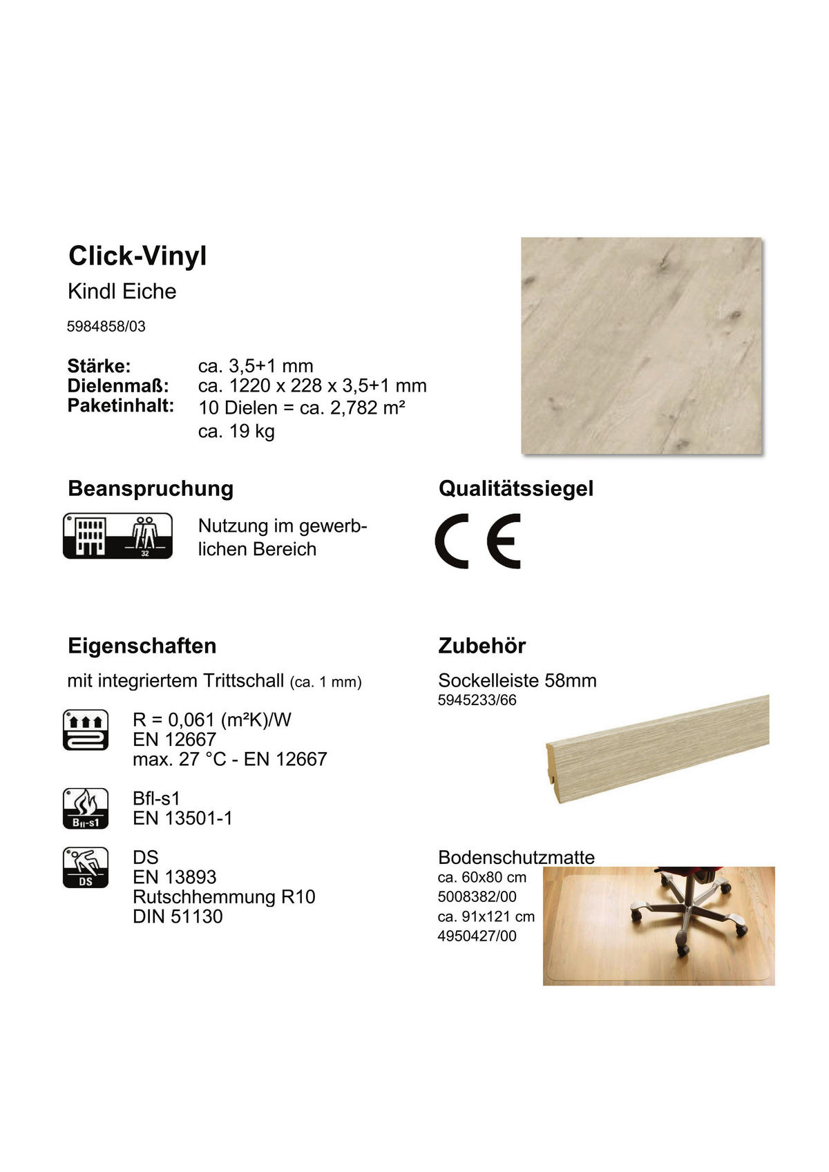 Click-Vinylboden Kindl ca. 2,782 m² im Paket  B/L: ca. 22,8x122 cm pro Paket Kindl ca. 2,782 m² im Paket - (22,80/122,00cm)