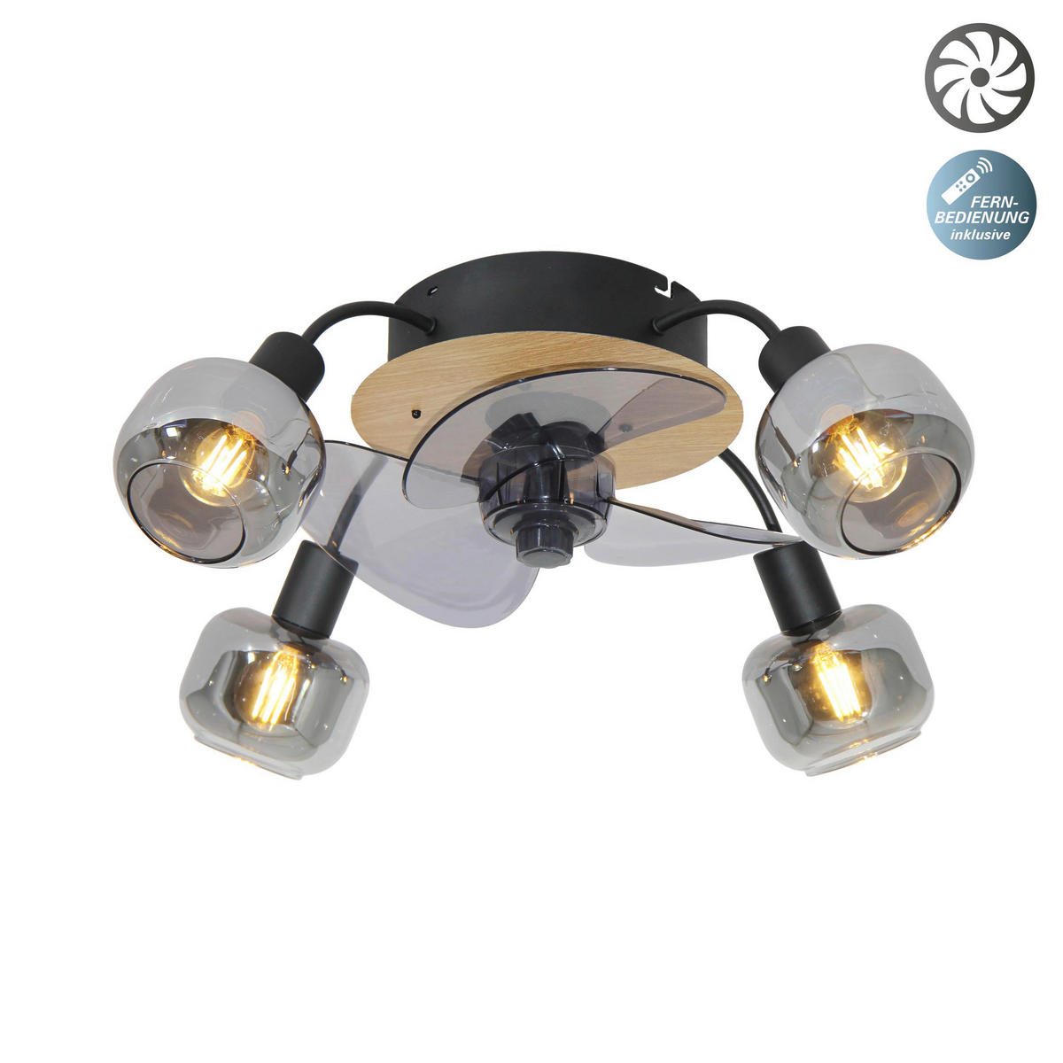 Näve Leuchten Deckenventilator schwarz Metall Glas Kunststoff B/H/T/D: ca. 48x21x48x48 cm E14 4 Brennstellen FUMOSO - schwarz (48,00/21,00/48,00cm) - Näve Leuchten