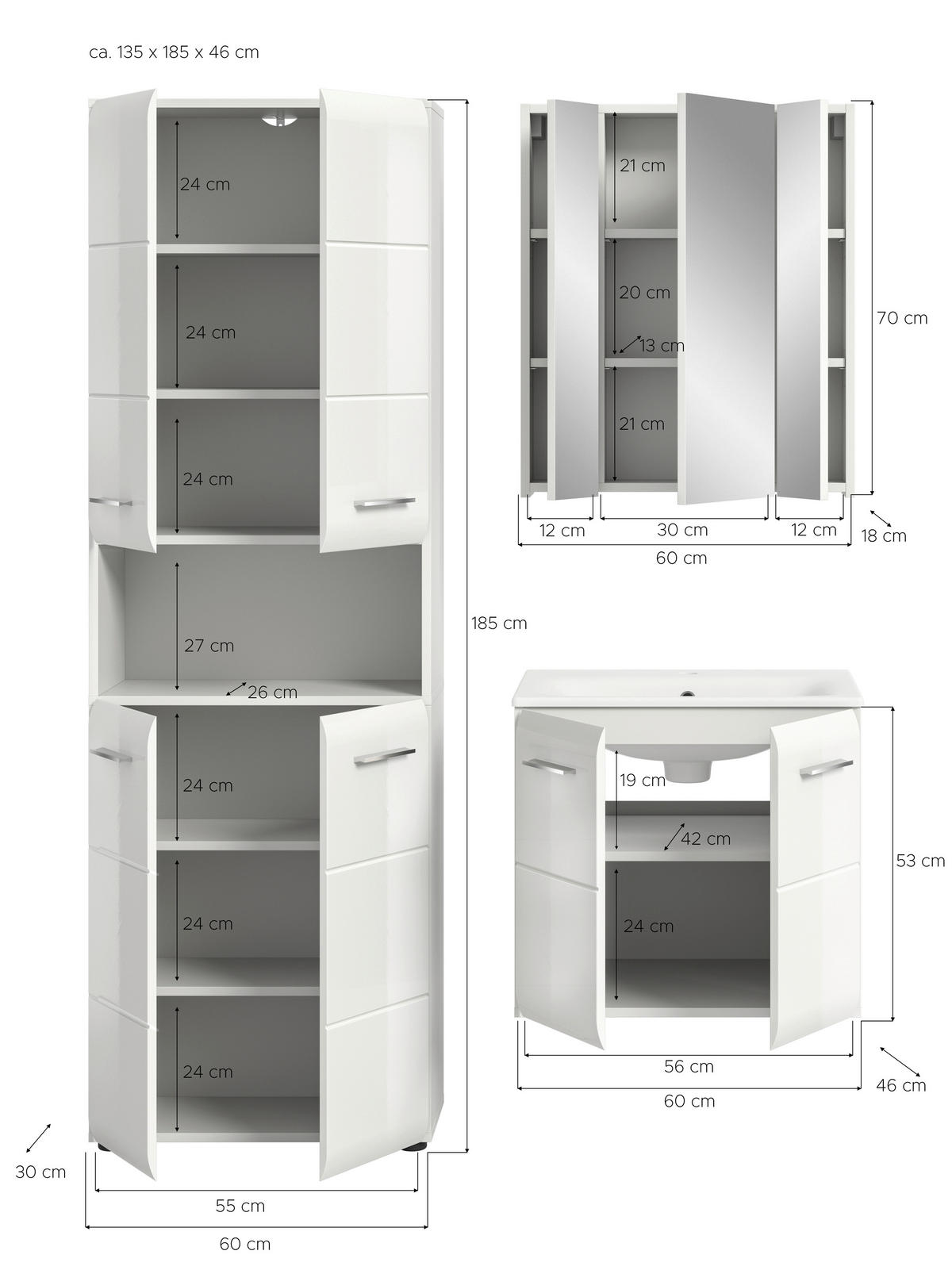 Badezimmer-Set Ice weiß weiß Hochglanz B/H/T: ca. 135x185x46 cm Ice - weiß (135,00/185,00/46,00cm) - xonox.home