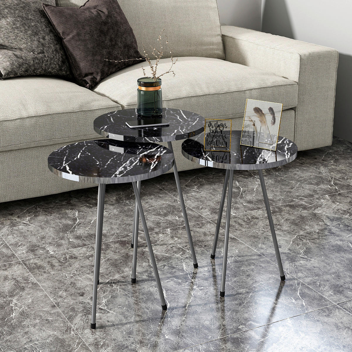 Beistelltisch 3er-Set. 21796177 schwarz Marmoroptik B/H/T: ca. 38x53,5x38 cm 3er-Set. 21796177 - schwarz/Marmoroptik (38,00/53,50/38,00cm) - moebel17