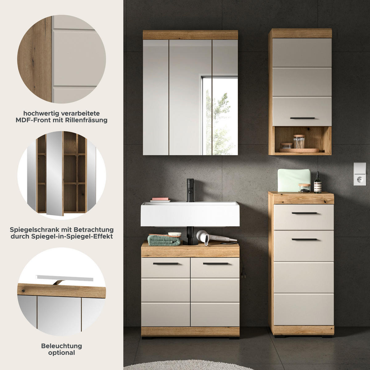 Badezimmer-Set Scout Evoke Oak Nachbildung Kaschmirgrau Nachbildung B/H/T: ca. 112x191x34 cm Scout - Kaschmirgrau (112,00/191,00/34,00cm) - xonox.home