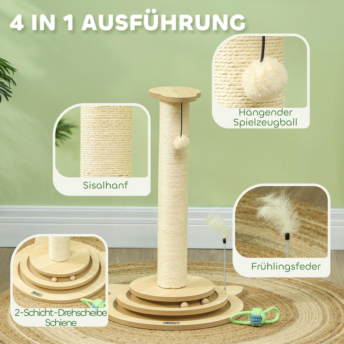 PawHut Kratzstamm Eiche Sisal B/H/L: ca. 45x69x45 cm Kratzstamm - Eiche (45,00/45,00/69,00cm) - PawHut