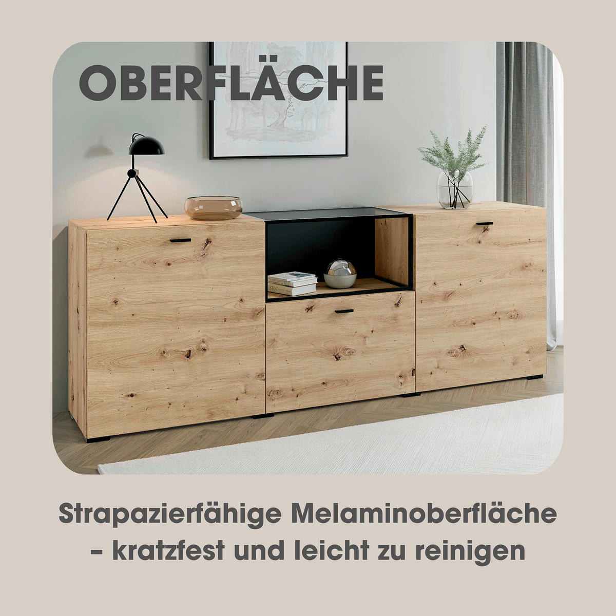 Sideboard FRAME Eiche schwarz B/H/T: ca. 200x75,5x37,5 cm FRAME - Eiche/schwarz (200,00/75,50/37,50cm) - byLIVING
