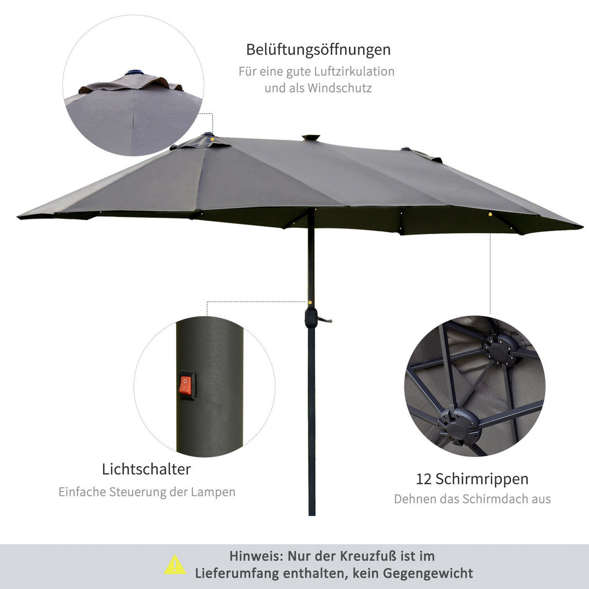 Outsunny Sonnenschirm dunkelgrau Metall B/H/L: ca. 260x240x440 cm Sonnenschirm - dunkelgrau (440,00/260,00/240,00cm) - Outsunny
