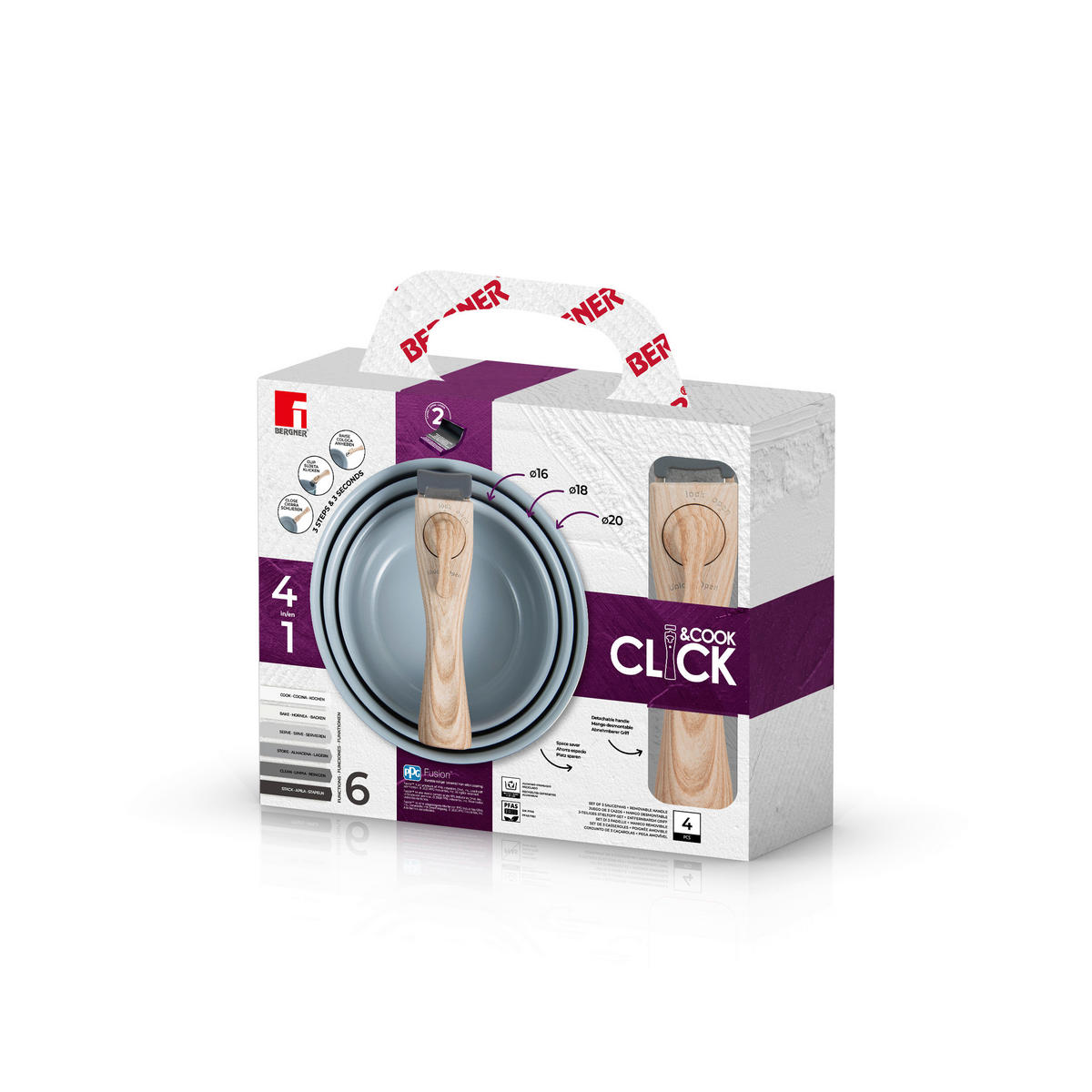 BERGNER Topfset CLICK & COOK silber Aluminium 4 tlg. CLICK & COOK - silber (30,70/30,00/9,60cm) - BERGNER