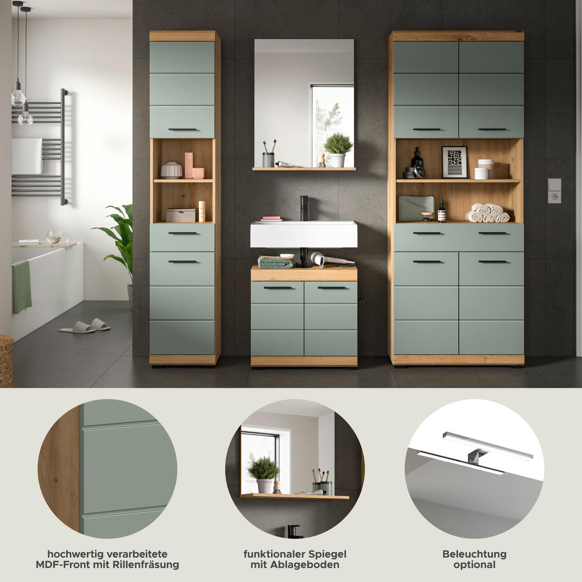 Badezimmer-Set Scout Eiche Artisan Nachbildung salbei Nachbildung B/H/T: ca. 186x191x34 cm Scout - Eiche/salbei (186,00/191,00/34,00cm) - xonox.home