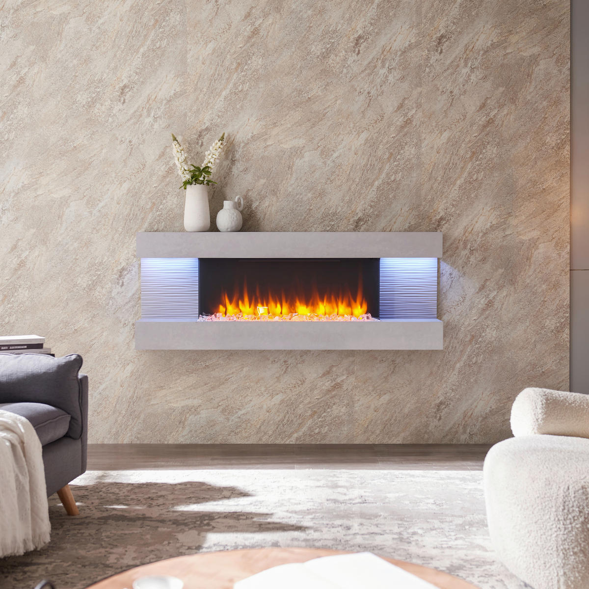 Balderia Wandkamin Elektrischer-Kamin Hestia grau MDF B/H/T: ca. 152x59x25 cm Elek.-Kamin Hestia EF197A-MT197E-CG - grau (152,00/59,00/25,00cm) - Balderia