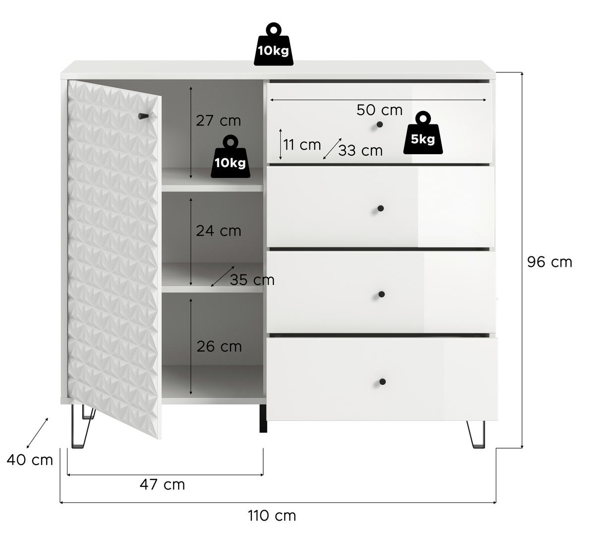 Highboard PRISMA weiß weiß Hochglanz B/H/T: ca. 110x96x40 cm PRISMA - weiß (110,00/96,00/40,00cm) - xonox.home