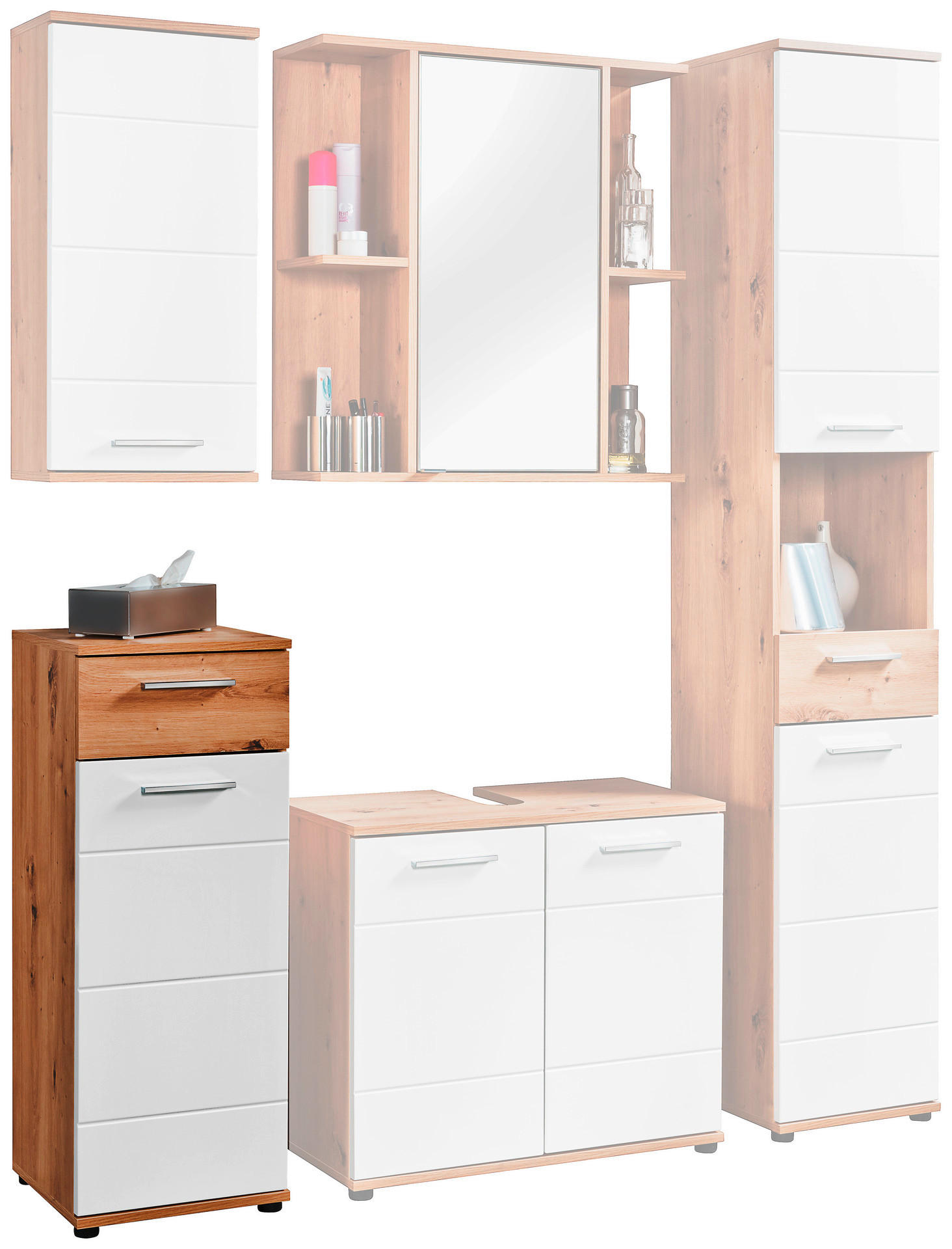 Badkommode Bergen Eiche Artisan Nachbildung weiß Hochglanz B/H/T: ca. 35x92x35 cm Bergen - Eiche/weiß (35,00/92,00/35,00cm)