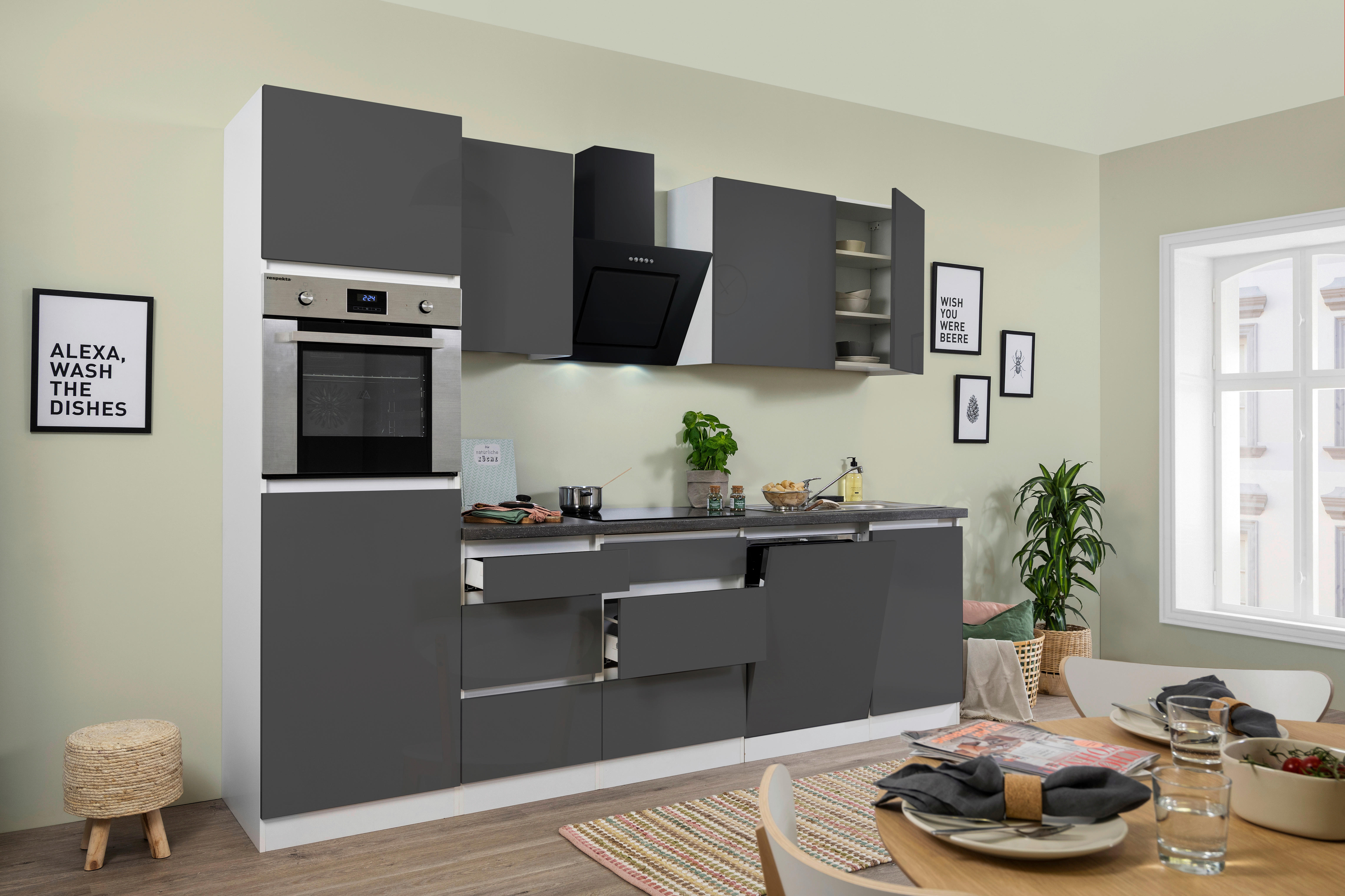 Respekta Küchenblock Premium grau hochglänzend B/H/T: ca. 280x220,5x60 cm Premium - weiß/granit (280,00/220,50/60,00cm) - Respekta