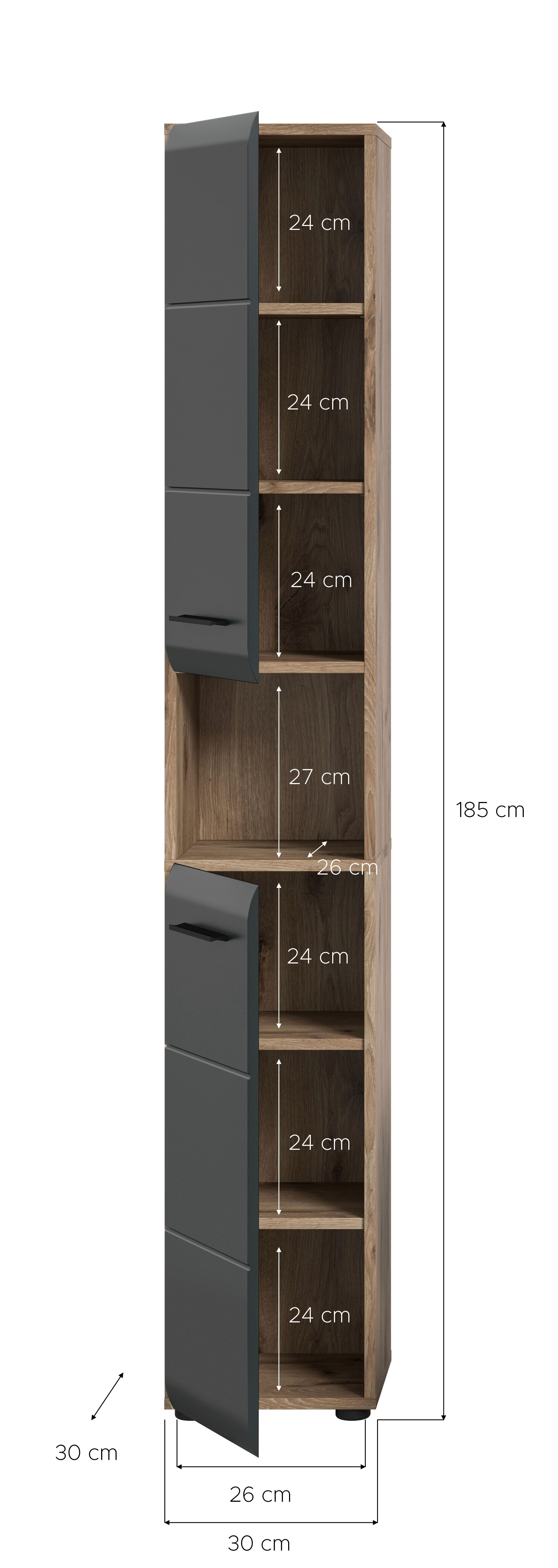 Hochschrank Ice Nox Oak Nachbildung schwarz matt B/H/T: ca. 30x185x30 cm Ice - schwarz (30,00/185,00/30,00cm) - xonox.home