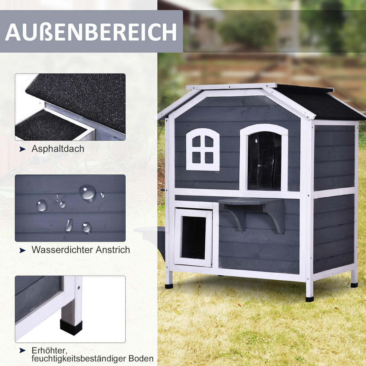 PawHut Katzenhaus grau Holz B/H/L: ca. 56x91x78 cm Katzenhaus - weiß/grau (78,00/56,00/91,00cm) - PawHut
