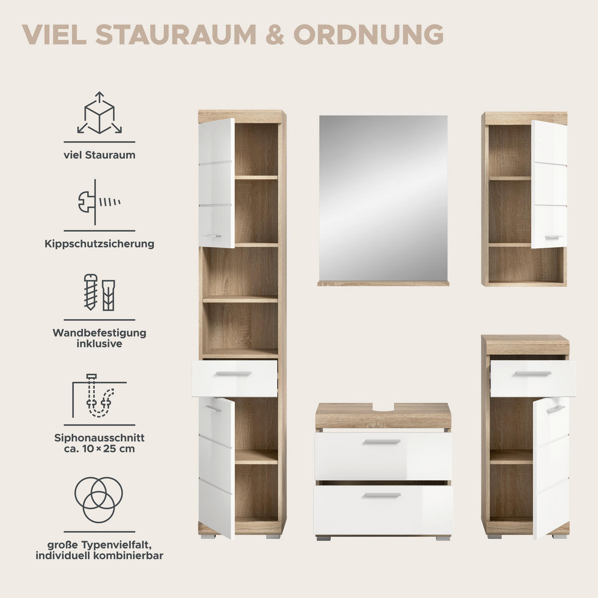 Badezimmer-Set Lambada Eiche Sonoma Nachbildung weiß Hochglanz B/H/T: ca. 164x191x37 cm Lambada - Eiche/weiß (164,00/191,00/37,00cm) - xonox.home