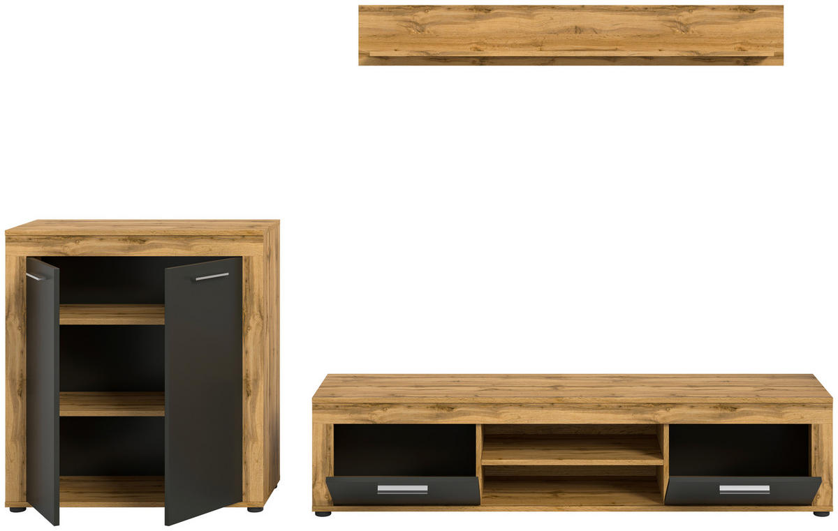 Wohnwand Jam Eiche Wotan Nachbildung grau B/H/T: ca. 255x159x35 cm Jam - Eiche/grau (255,00/159,00/35,00cm) - xonox.home