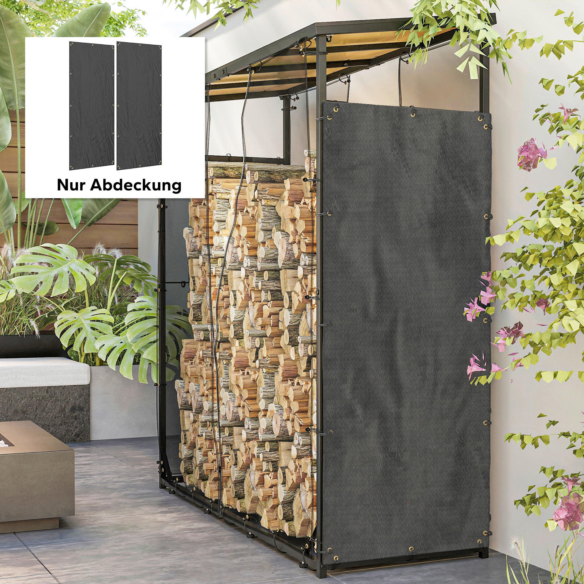 Outsunny Kaminholzregal Abdeckung schwarz Polyester B/H/L: ca. 62x0,1x148 cm Kaminholzregal Abdeckung - schwarz (148,00/62,00/0,10cm) - Outsunny
