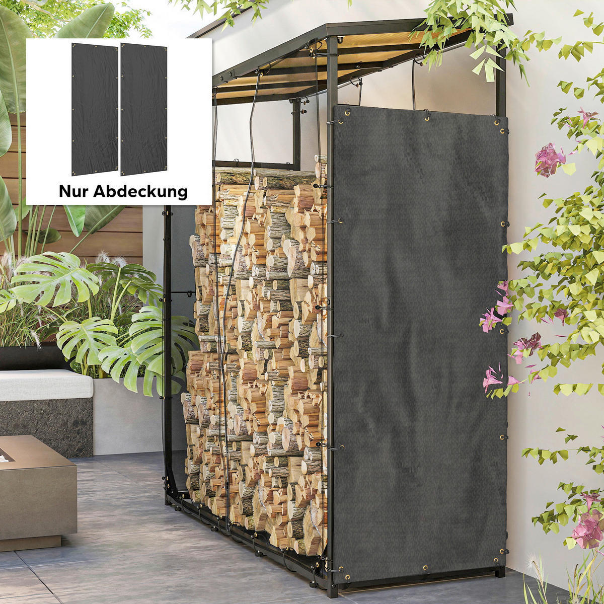 Outsunny Kaminholzregal Abdeckung schwarz Polyester B/H/L: ca. 62x0,1x148 cm Kaminholzregal Abdeckung - schwarz (148,00/62,00/0,10cm) - Outsunny