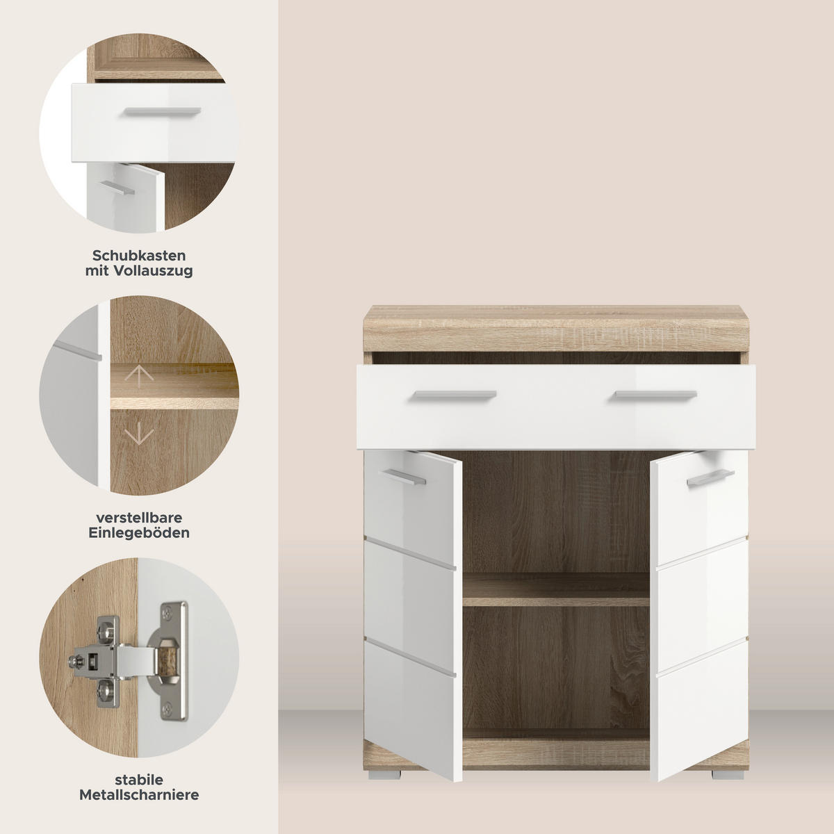 Schrank Lambada Eiche Sonoma Nachbildung weiß Hochglanz B/H/T: ca. 74x88x31 cm Lambada - Eiche/weiß (74,00/88,00/31,00cm) - xonox.home