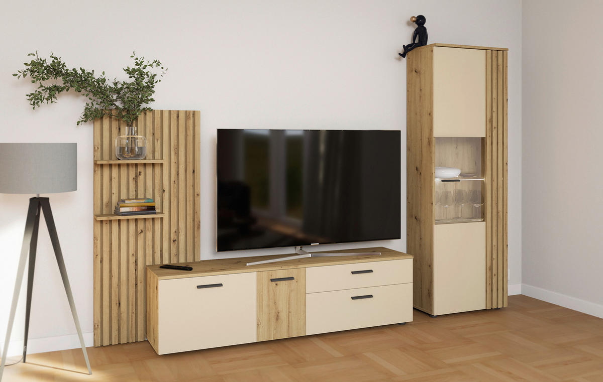 Wohnwand Gatwick Eiche Artisan Nachbildung creme B/H/T: ca. 250x180x38 cm Gatwick - Eiche/creme (250,00/180,00/38,00cm)