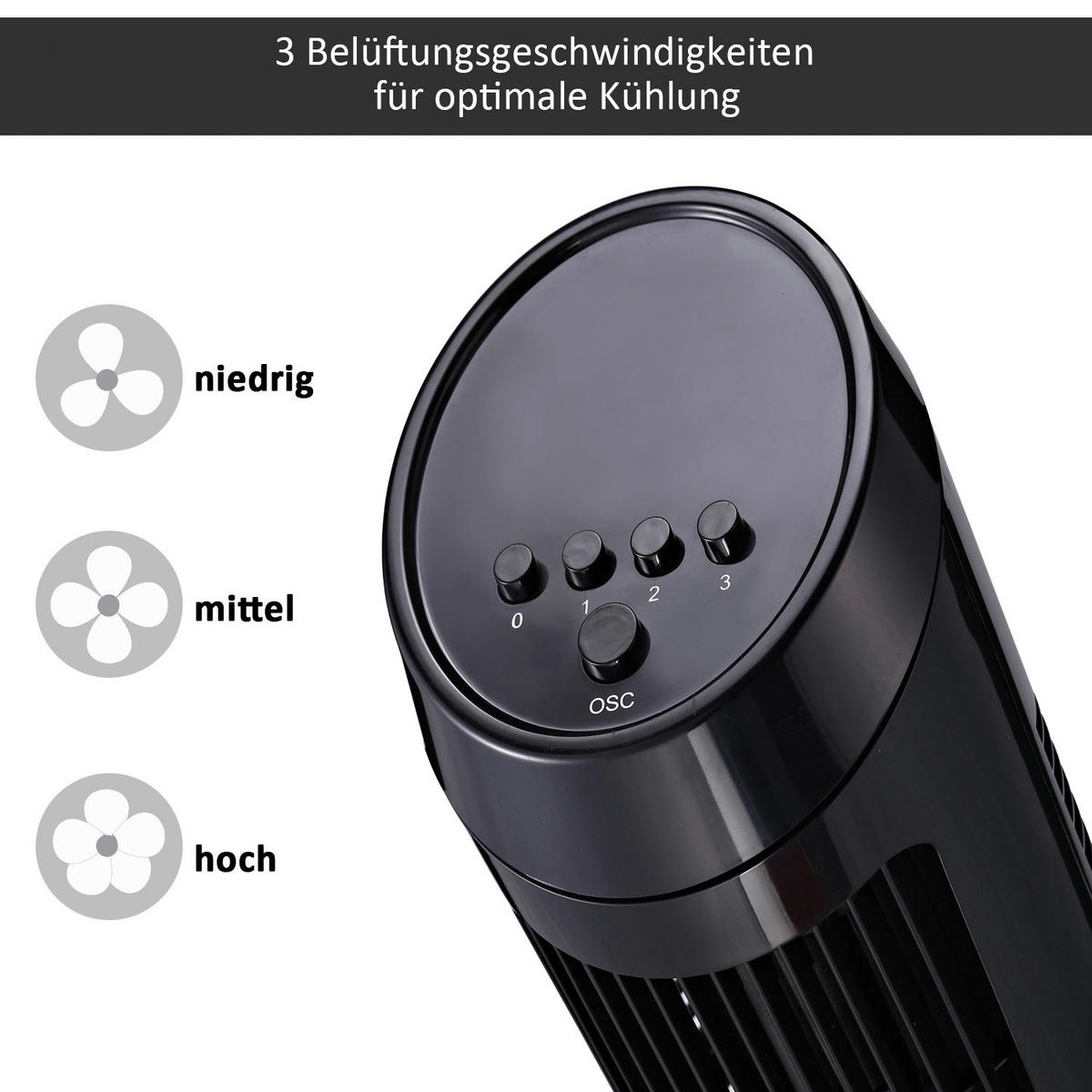 HOMCOM Turmventilator mit 3 Belüftungsstufen schwarz Kunststoff H/D: ca. 45x27 cm Turmventilator 824-002BK - schwarz (27,00/45,00cm) - HOMCOM