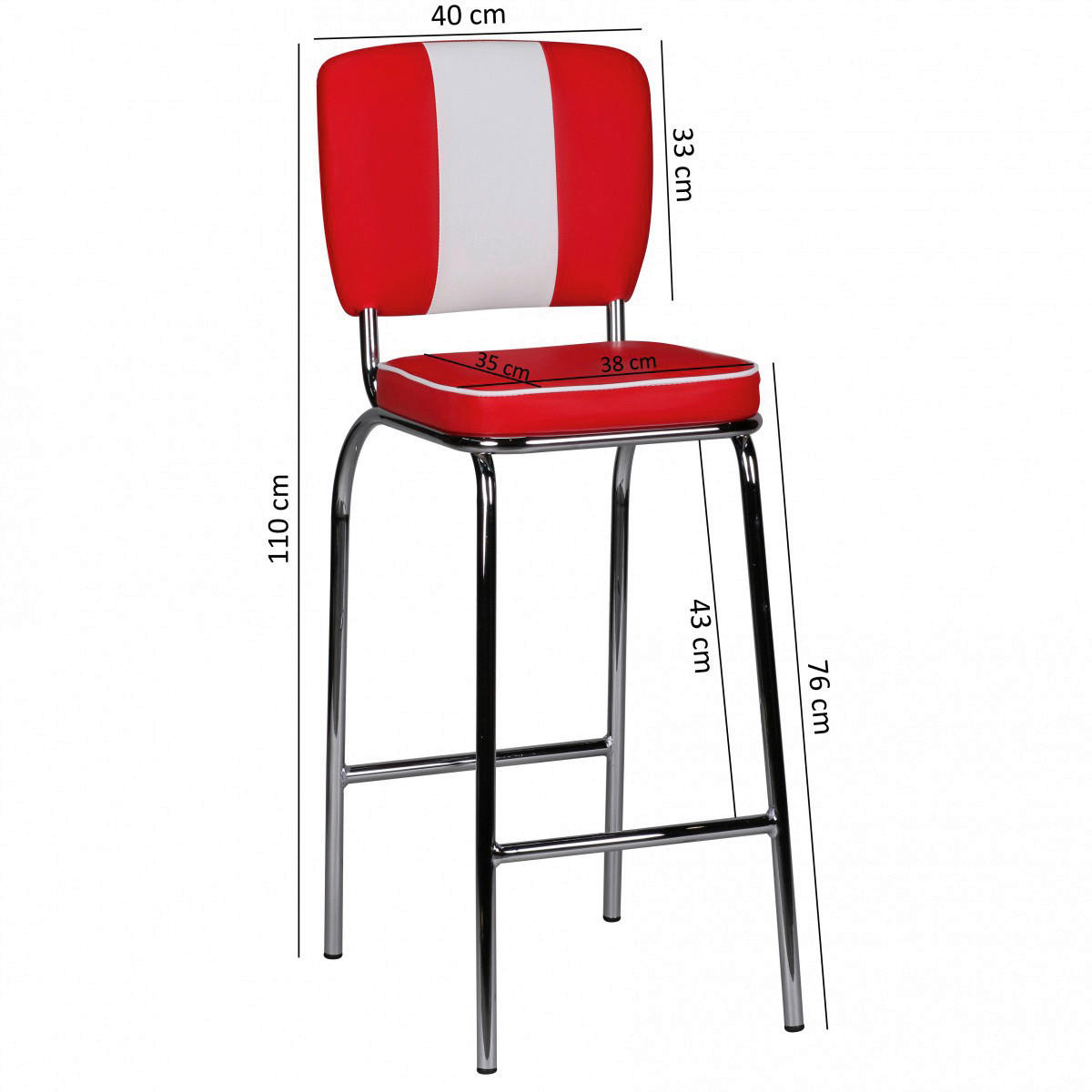 Barhocker rot weiß Chrom Kunstleder Stoff Chrom B/H/T: ca. 40x110x38 cm Barstuhl American Diner - weiß/rot (40,00/110,00/38,00cm) - Wohnling