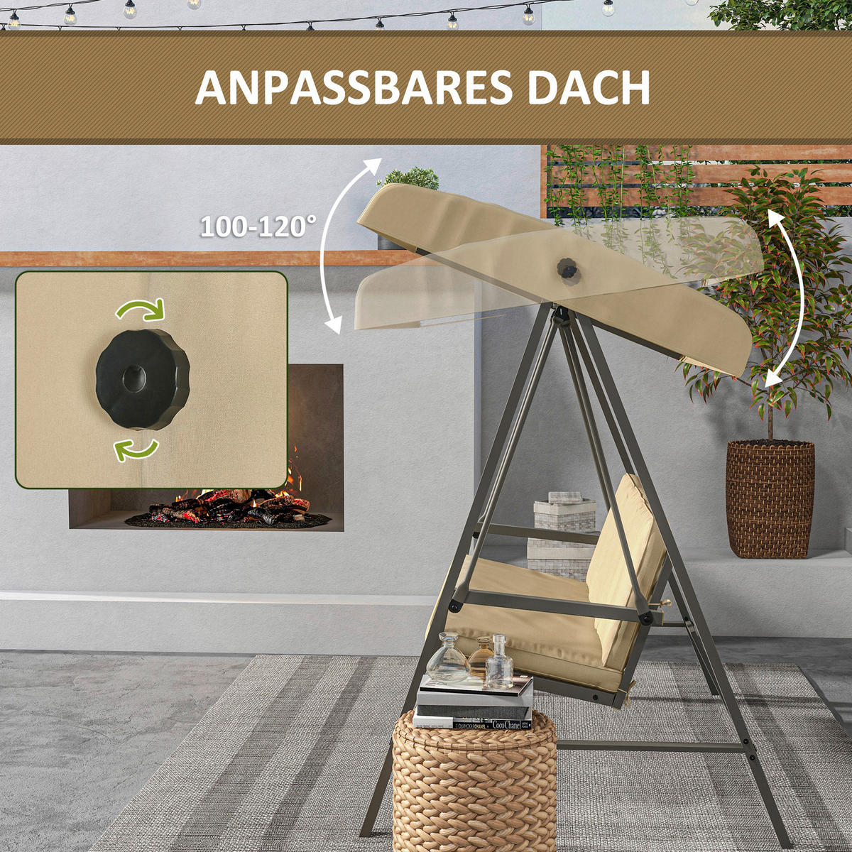 Outsunny Hollywoodschaukel beige Edelstahl B/H/L: ca. 125x200x175 cm Hollywoodschaukel - beige (175,00/125,00/200,00cm) - Outsunny