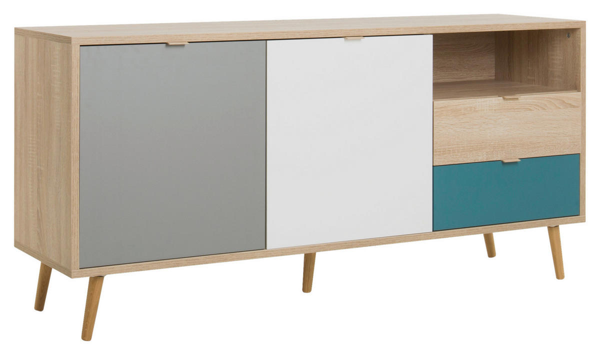 Sideboard Cuba Eiche Sonoma Nachbildung weiß grau petrol B/H/T: ca. 150x71x40 cm Cuba - Eiche/weiß (150,00/71,00/40,00cm)