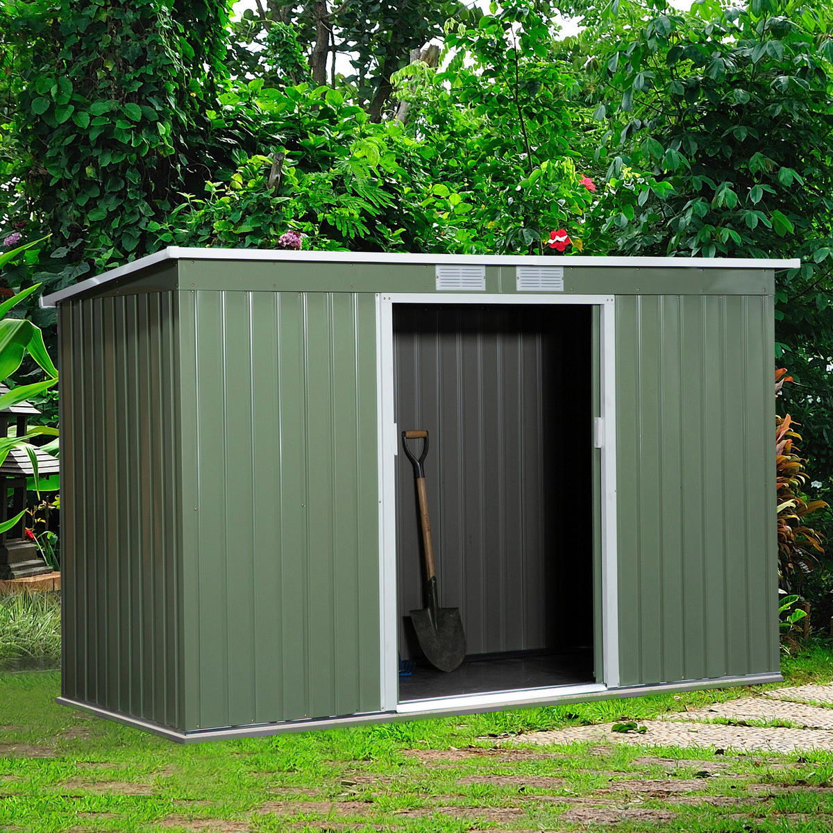 Outsunny Gartenschrank grün Stahl B/H/T: ca. 277x173x130 cm Gartenschrank mit Schiebetür - grün (277,00/173,00/130,00cm) - Outsunny