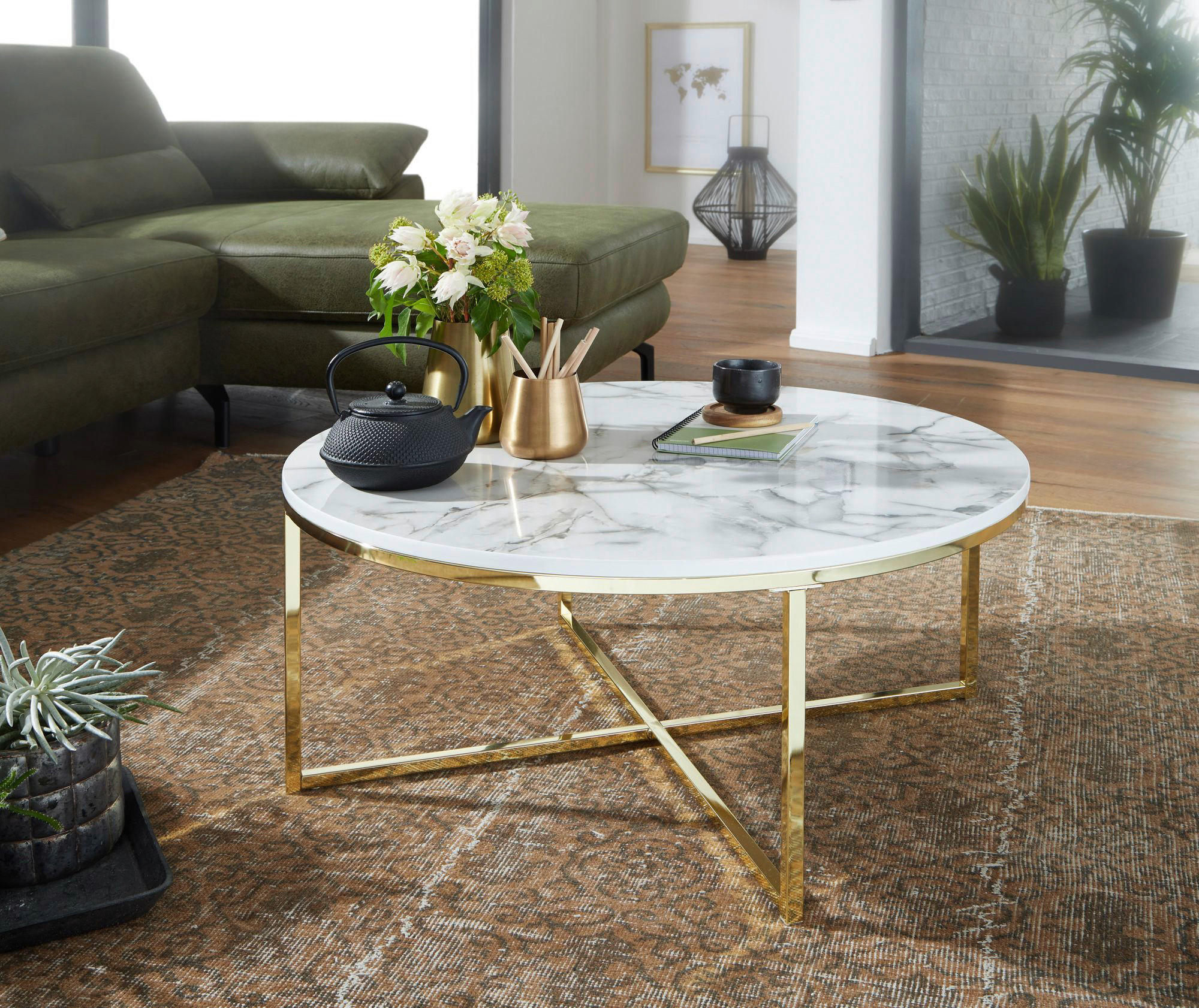Couchtisch weiß Marmor Optik gold B/H/T: ca. 80x35x80 cm Couchtisch - gold/weiß (80,00/35,00/80,00cm) - Wohnling