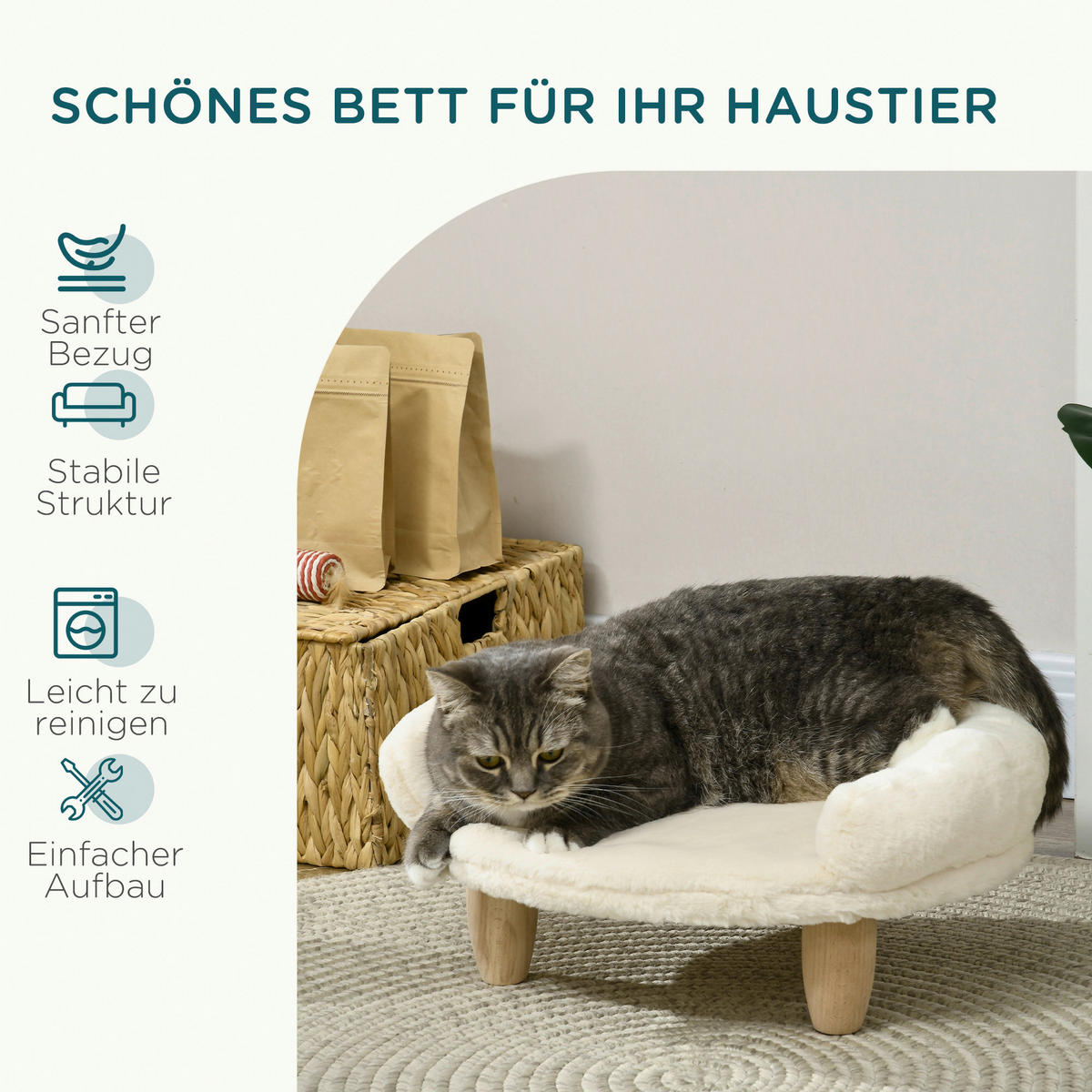 PawHut Katzen-Zubehör cremeweiß Kiefer B/H/L: ca. 40x47x20 cm Katzenbett - cremeweiß (20,00/40,00/47,00cm) - PawHut