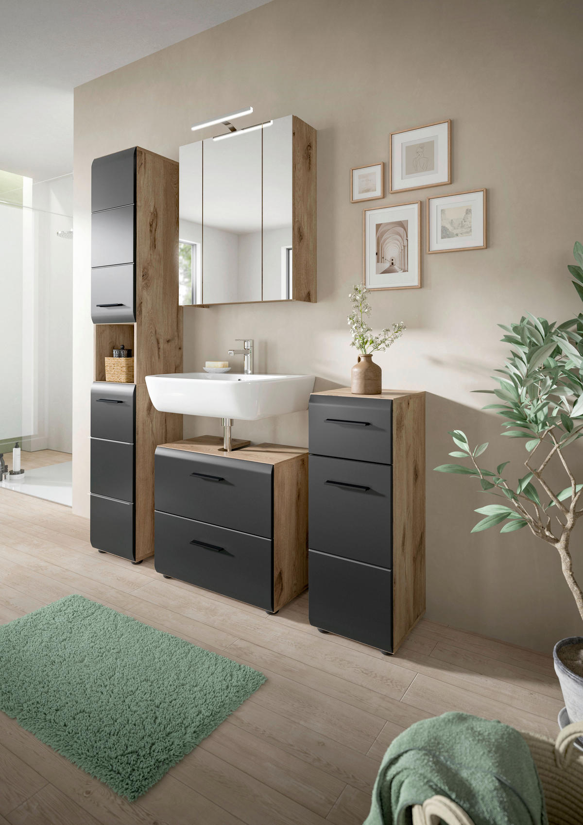 Badezimmer-Set Ice Nox Oak Nachbildung schwarz matt B/H/T: ca. 150x185x46 cm Ice - schwarz (150,00/185,00/46,00cm) - xonox.home