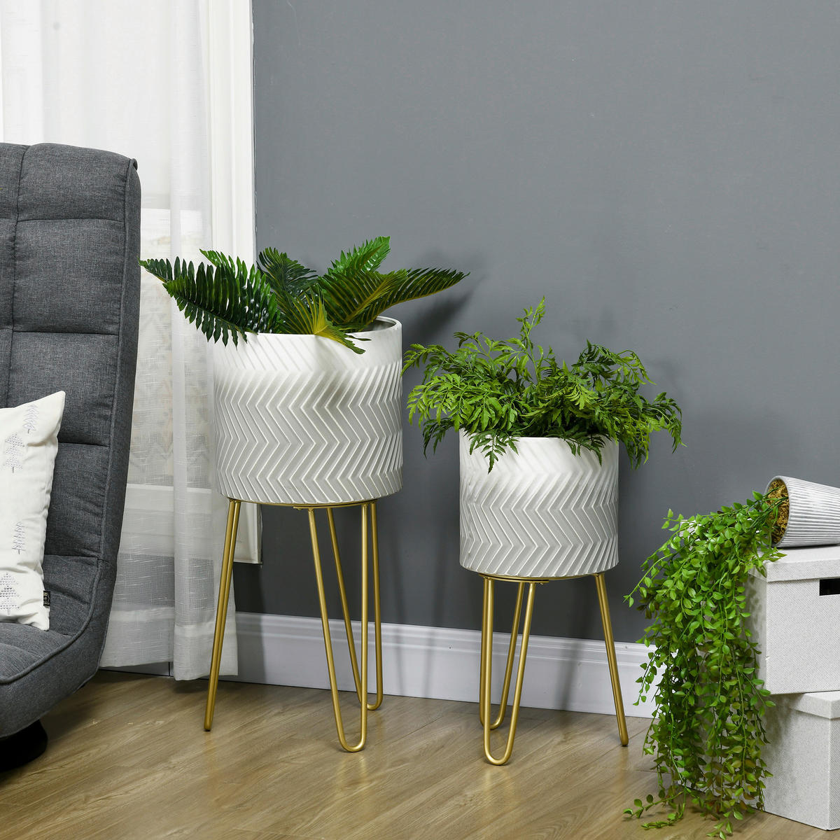 Outsunny Blumentöpfe-Set mit Gestell Blumentöpfe-Set_mit_Gestell - gold/weiß (30,00/30,00/67,00cm) - Outsunny