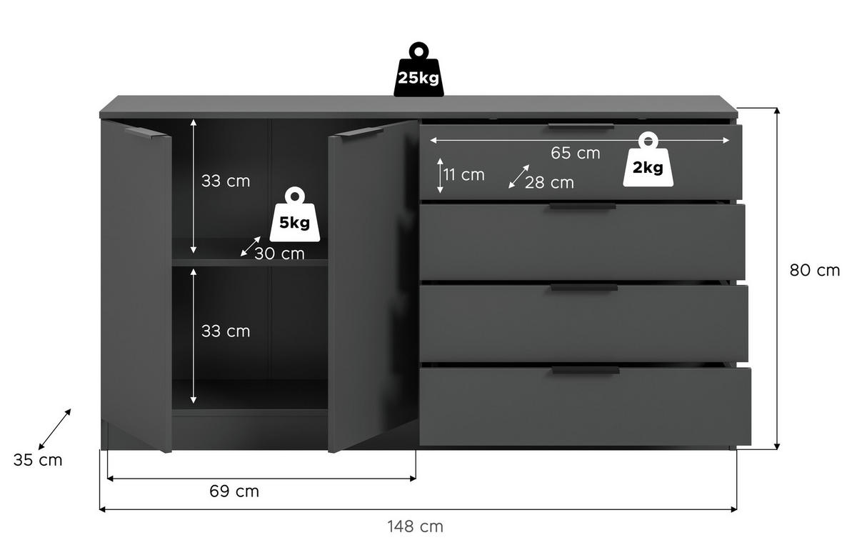Kommode KOPENHAGEN anthrazit B/H/T: ca. 148x79x35 cm KOPENHAGEN - anthrazit (148,00/79,00/35,00cm) - xonox.home
