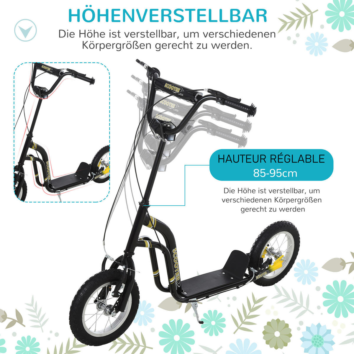 HOMCOM Tretroller schwarz Tretroller - schwarz (120,00/58,00/85,00cm) - HOMCOM