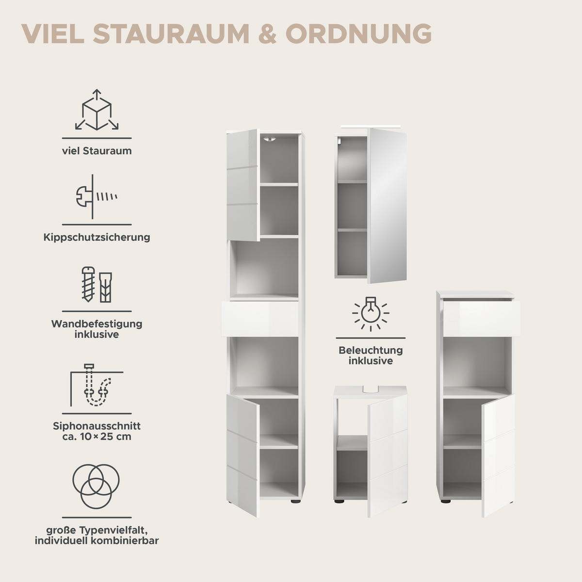 Badezimmer-Set VIRA weiß weiß Hochglanz B/H/T: ca. 144x190x34 cm VIRA - weiß (144,00/190,00/34,00cm) - xonox.home