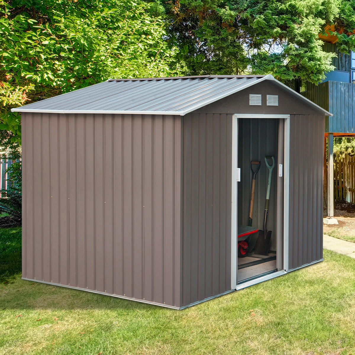 Outsunny Gartenhaus grau B/H/L: ca. 181x192x277 cm Gartenhaus - grau (277,00/181,00/192,00cm) - Outsunny