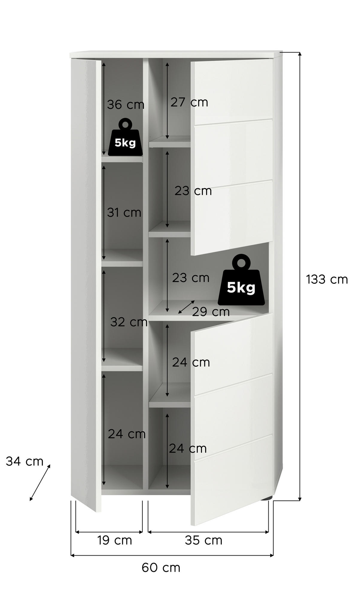 Badhochschrank VIRA weiß weiß Hochglanz B/H/T: ca. 60x133x34 cm VIRA - weiß (60,00/133,00/34,00cm) - xonox.home