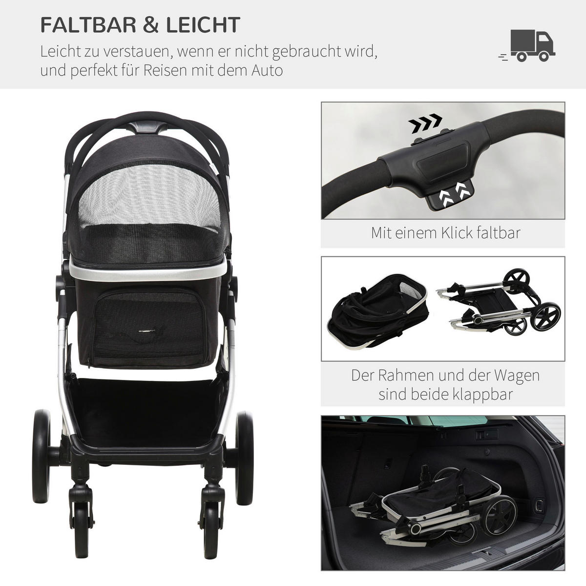 PawHut Hunde-Zubehör schwarz Polyester B/H/L: ca. 58x83x102 cm Hundewagen - schwarz (102,00/58,00/83,00cm) - PawHut