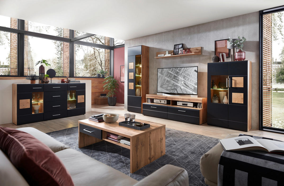 Wohnwand Sonate Eiche Nachbildung schwarz matt B/H/T: ca. 340x208x52 cm Sonate - schwarz (340,00/208,00/52,00cm)