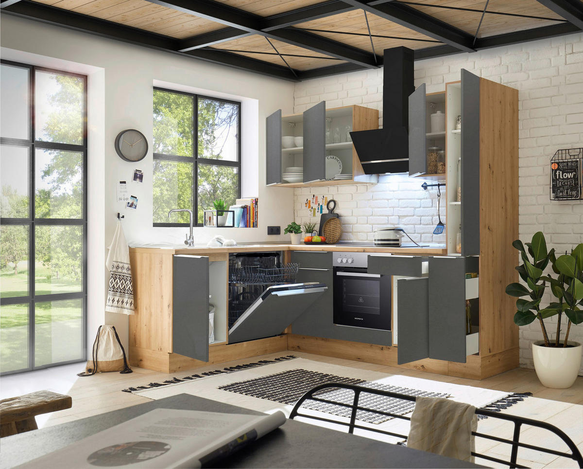 Respekta Winkelküche Marleen grau matt B/H/T: ca. 250x211x170 cm Marleen - Eiche/Alu (250,00/211,00/170,00cm) - Respekta