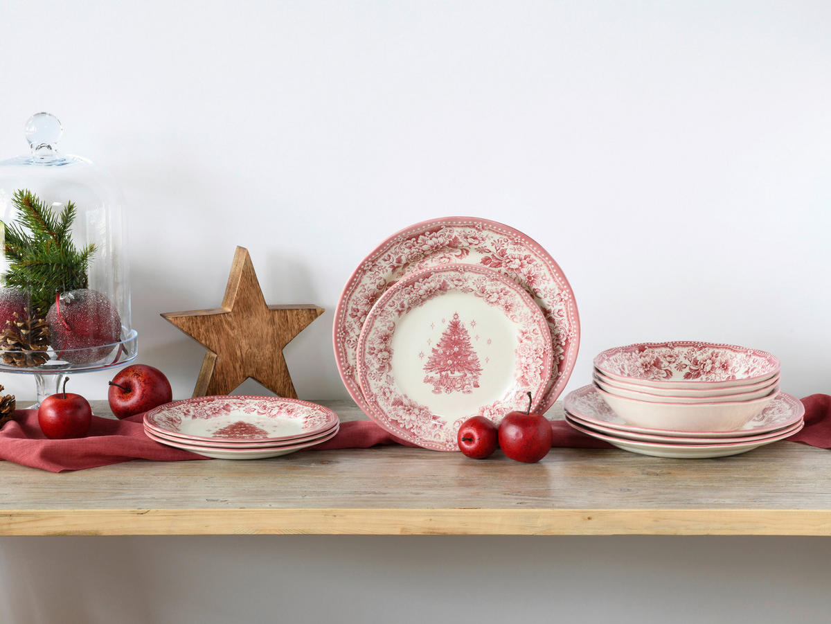 CreaTable Tafelservice Tannenbaum rot Steingut 12 tlg. Tannenbaum - rot - CreaTable