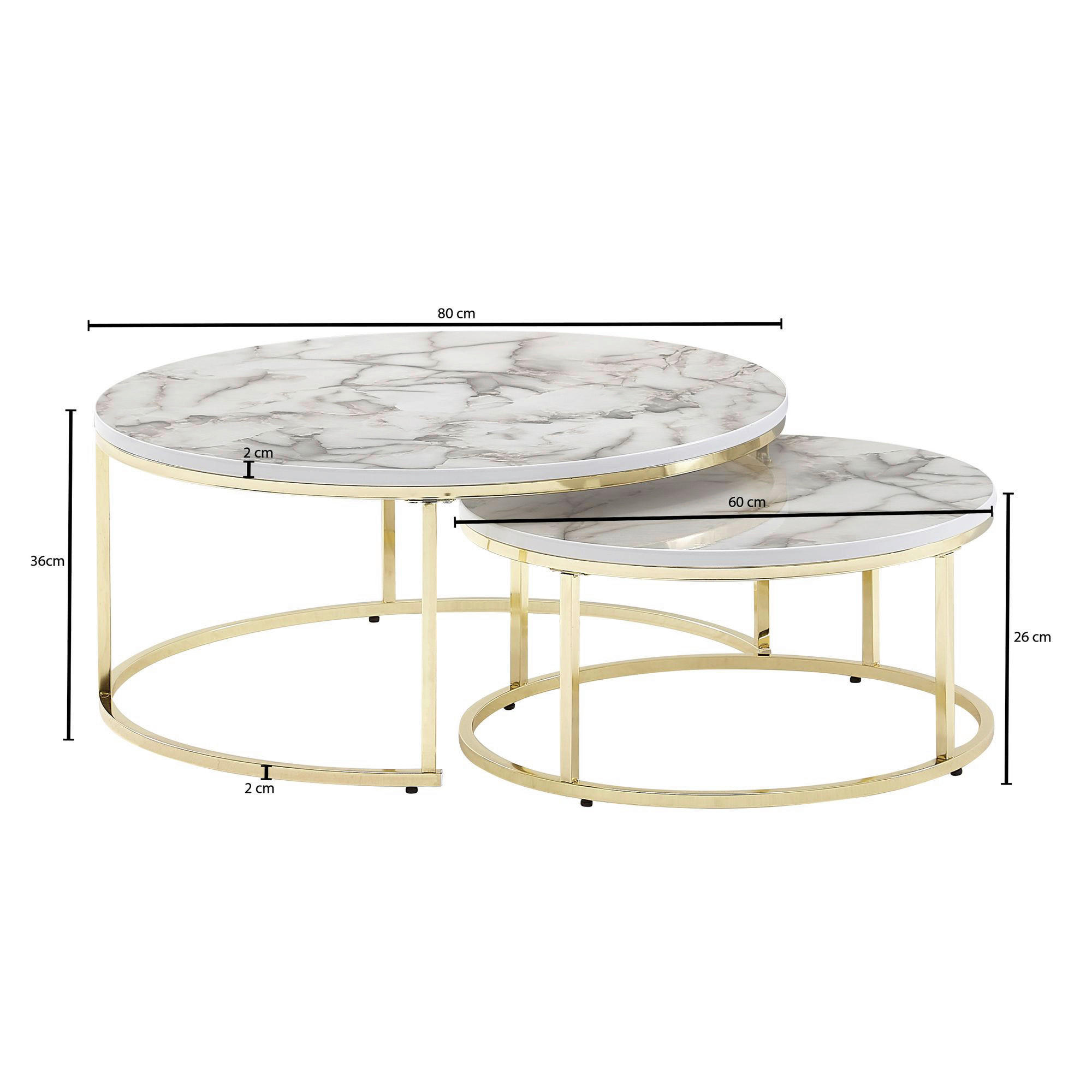Couchtisch 2er-Set weiß Marmor Optik gold lackiert 2er-Set - gold/weiß - Wohnling