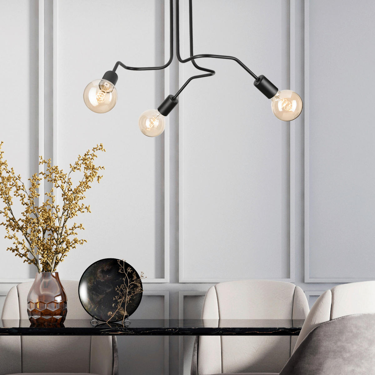 Lamkur Deckenleuchte DOMINO 51215 schwarz Stahl H/L: ca. 40x55 cm E27 3 Brennstellen Domino - schwarz (55,00cm) - Lamkur